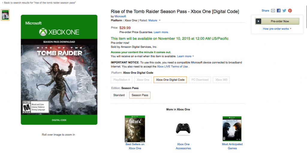 Rise of the tomb raider season pass amazon listing