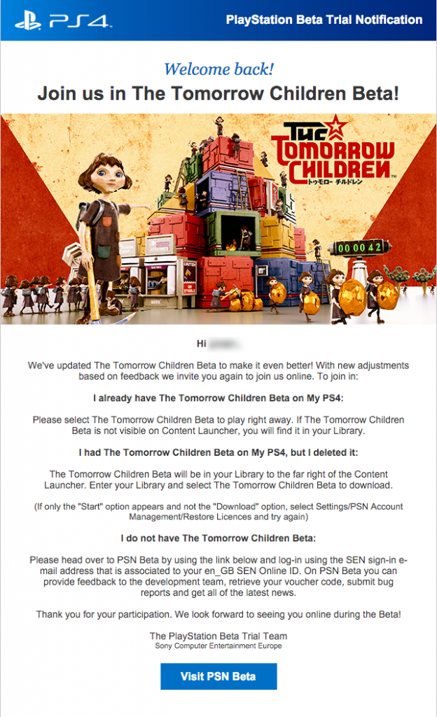 The Tomorrow Children Beta Notification – Beta Has Been Extended