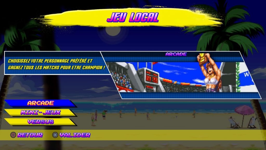 Mode de jeu en local : mini jeux ou championnat 1993 contre les 5 autres combattants