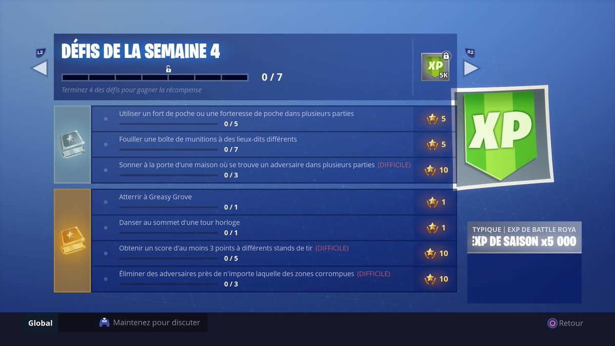 rappelons alors que les defis difficiles rapportes 10 etoiles les autres peuvent en rapporter 5 et 1 - defi de la semaine 4 fortnite