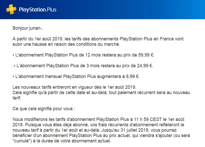 PlayStation Plus augmentation prix abonnement 2019