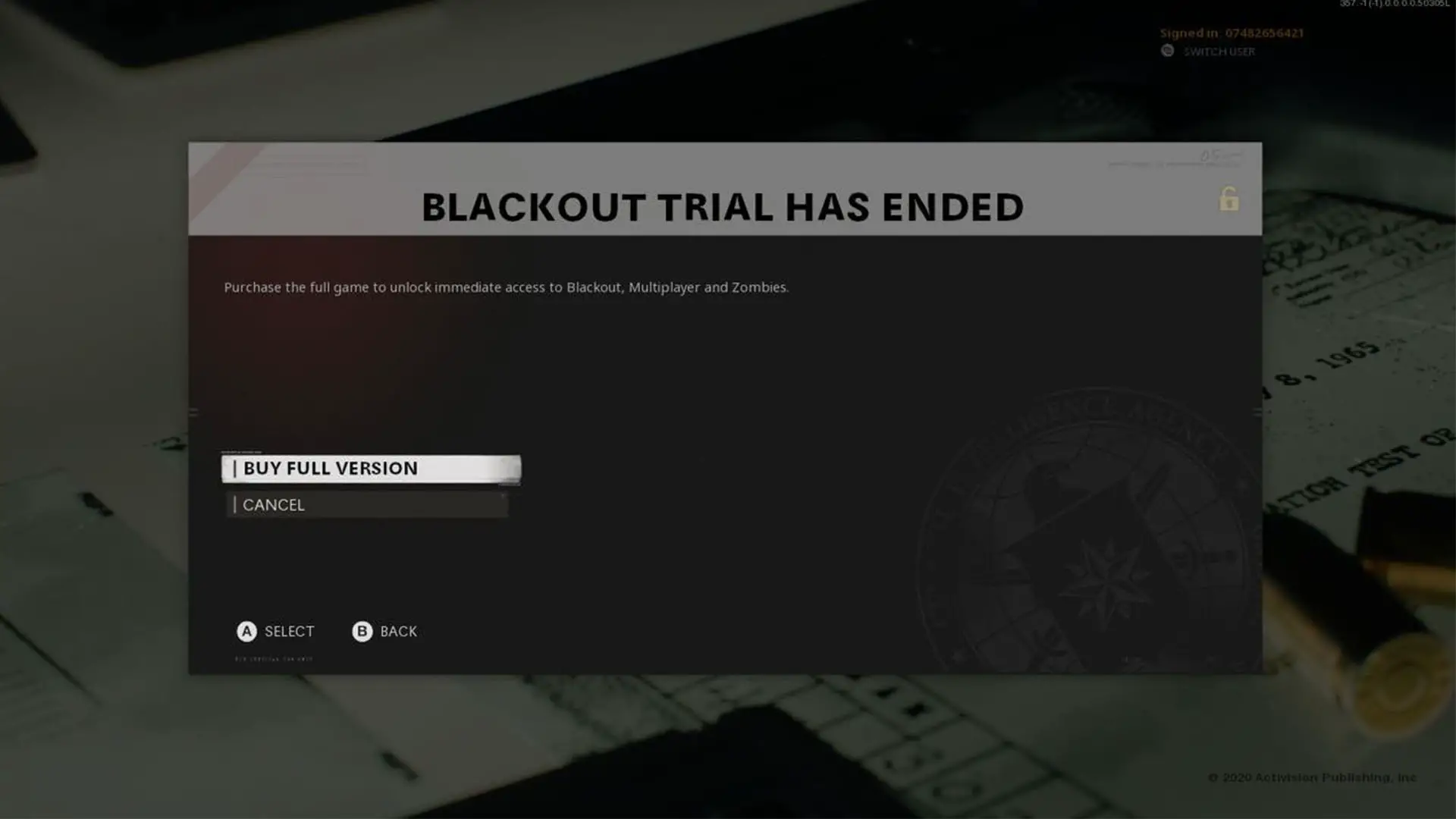 Erreur Fin de la période d'essai Blackout Trial Call of Duty Black Ops Cold War