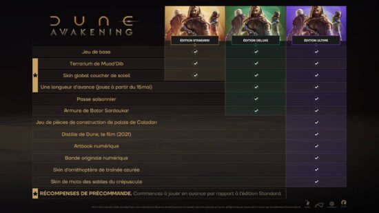 Récapitulatif des bonus des editions standard, deluxe et ultimate du jeu Dune: Awakening