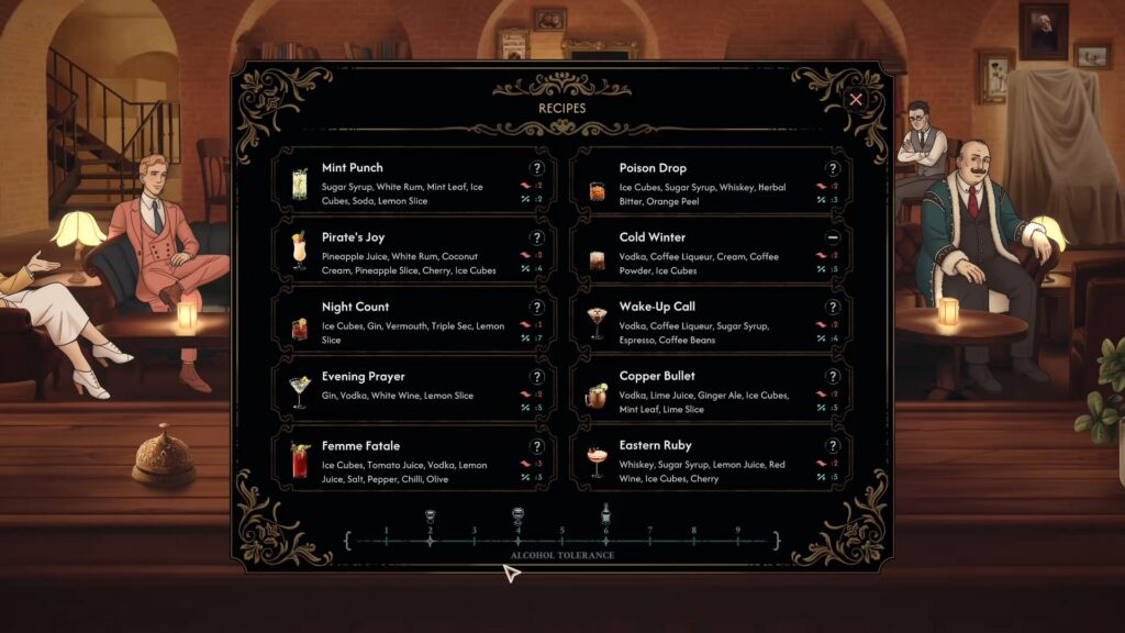 Liste des cocktails disponibles pour le détective Hugo Mertens dans le chapitre 0 de Best Served Cold