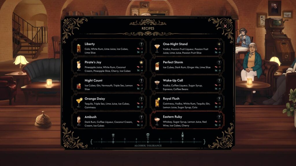 Liste des cocktails disponibles pour la célèbre Olivia Carmine dans le chapitre 1 de Best Served Cold