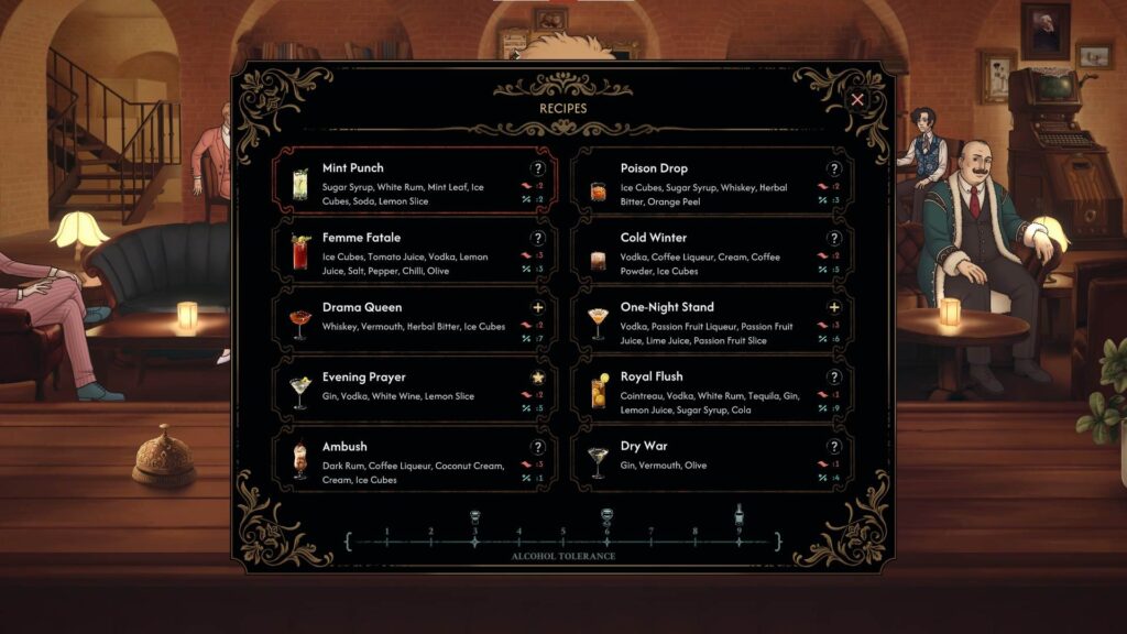 Liste des cocktails disponibles pour Bjorn dans le chapitre 2 de Best Served Cold