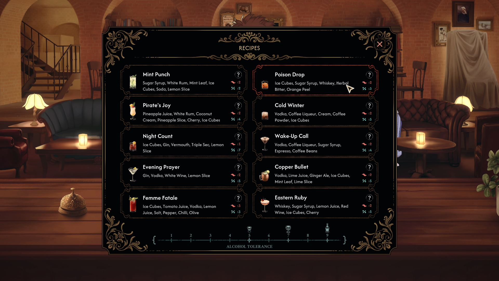 Liste des cocktails pour le premier chapitre du jeu Best Served Cold