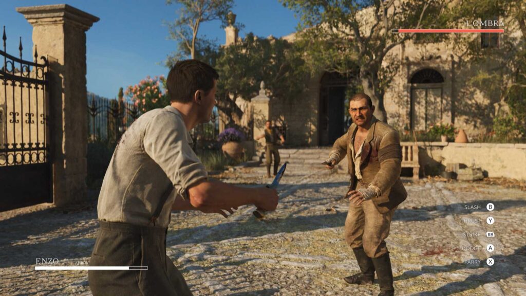 Combat au couteau entre deux hommes dans Mafia: The Old Country.