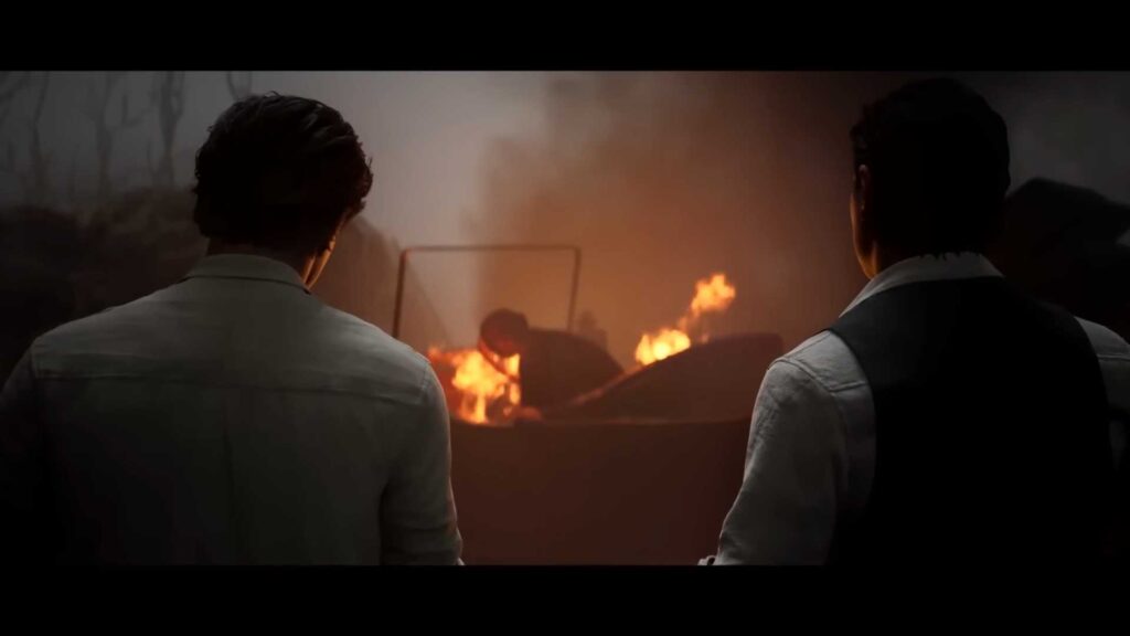 Enzo et un autre personnage devant une voiture enflammée dans Mafia: The Old Country.