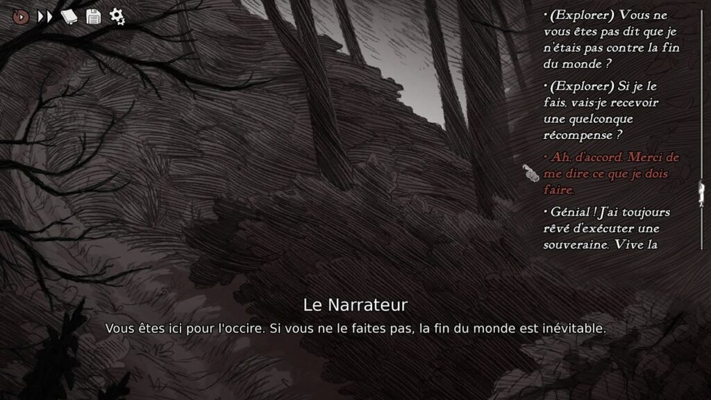 Début du jeu Slay The Princess - The Pristine Cut. Avec les premiers choix à l'entrée de la forêt