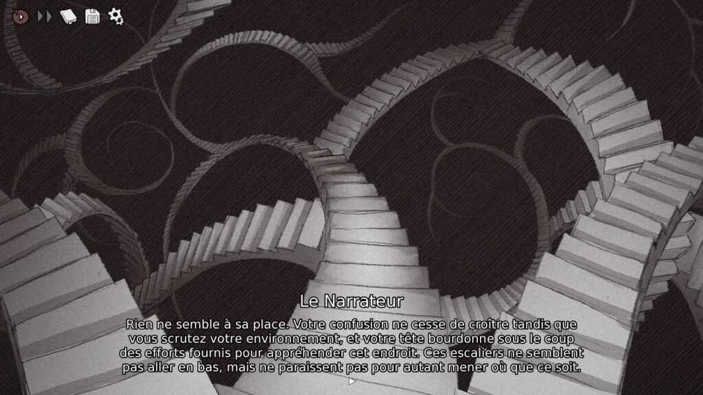 Les escaliers de la cabane ont pris l'apparence d'une infinité d'escalier qui partent dans tous les sens dans le jeu Slay The Princess - The Pristine Cut