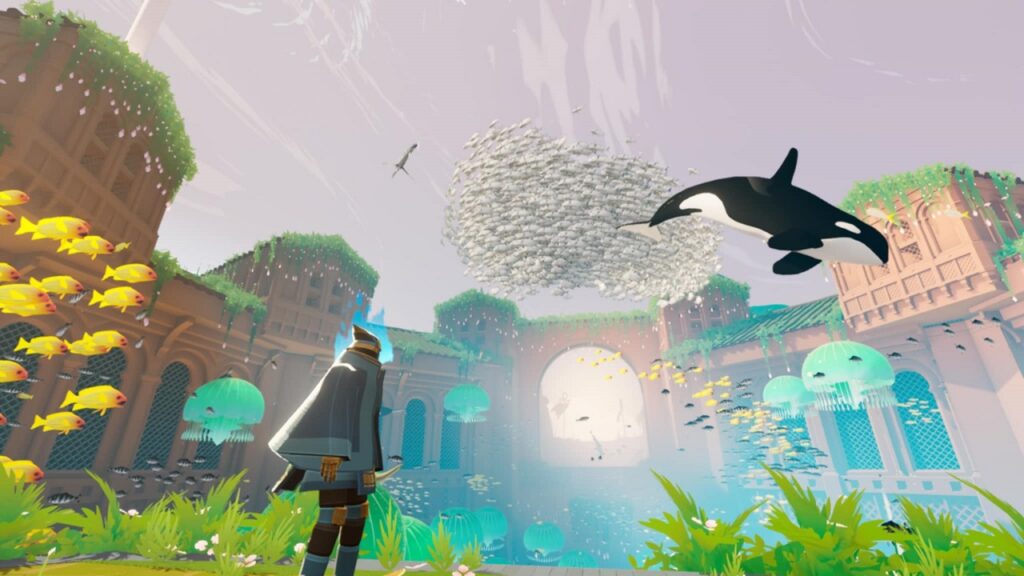 A partir de ruines désertiques, le personnage de Sword of the Sea peut recréer des espaces magnifiques inspirées par le milieu océanique.