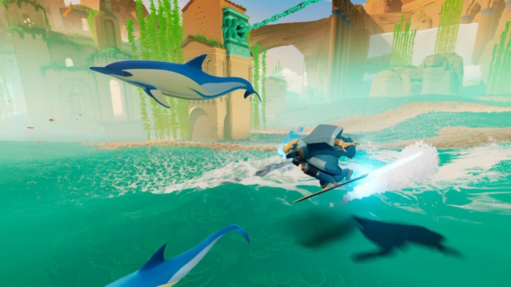 Le personnage de Sword of the Sea peut surfer sur l'eau à toute vitesse, des bancs de dauphins l'accompagnent souvent.