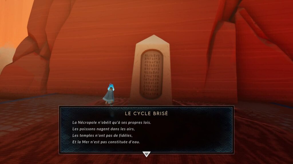 Le Lore de Sword of the Sea est accessible grâce à des tablettes de pierres disséminées un peu partout dans le monde.