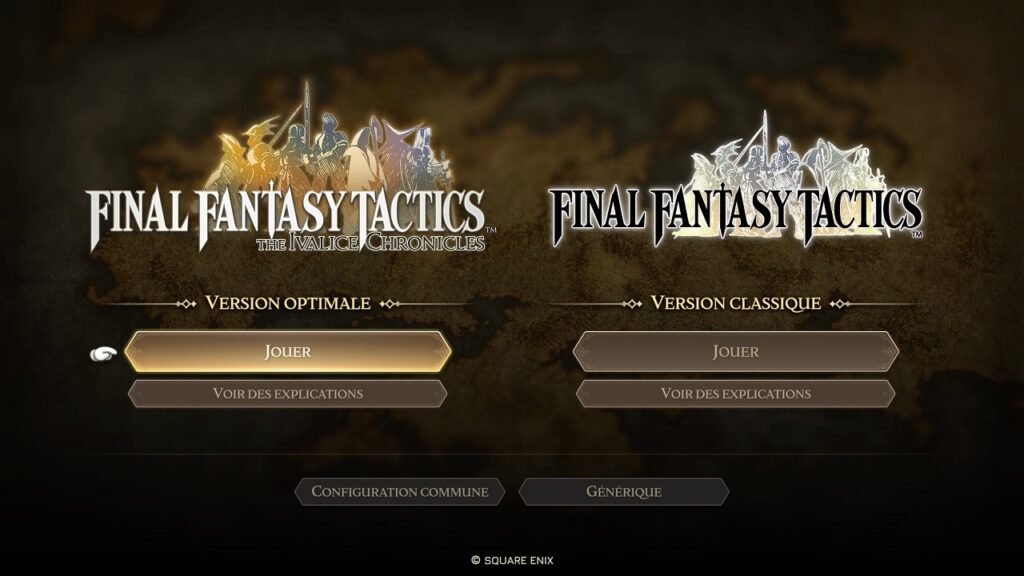 Final Fantasy Tactics - The Ivalice Chronicles : Choix entre le mode la version Optimale et la version Classique