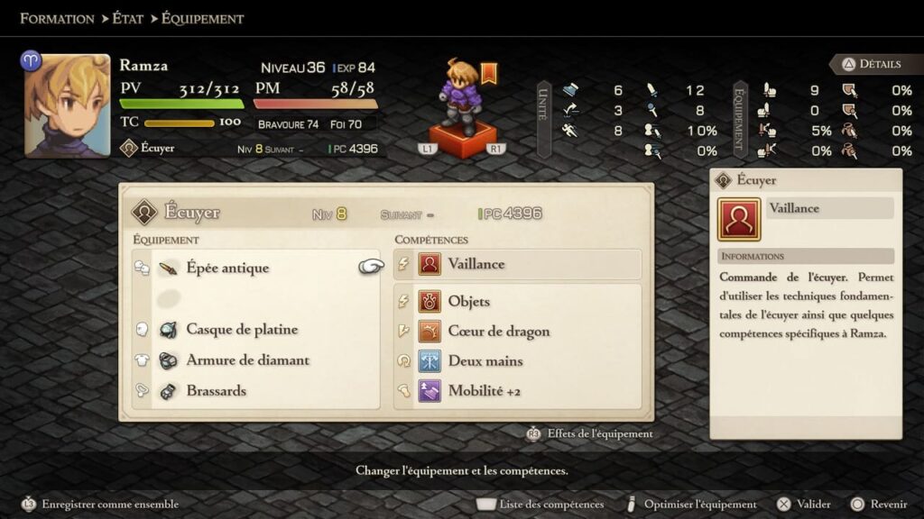 Final Fantasy Tactics - The Ivalice Chronicles  : Menu des équipements et compétences des personnages