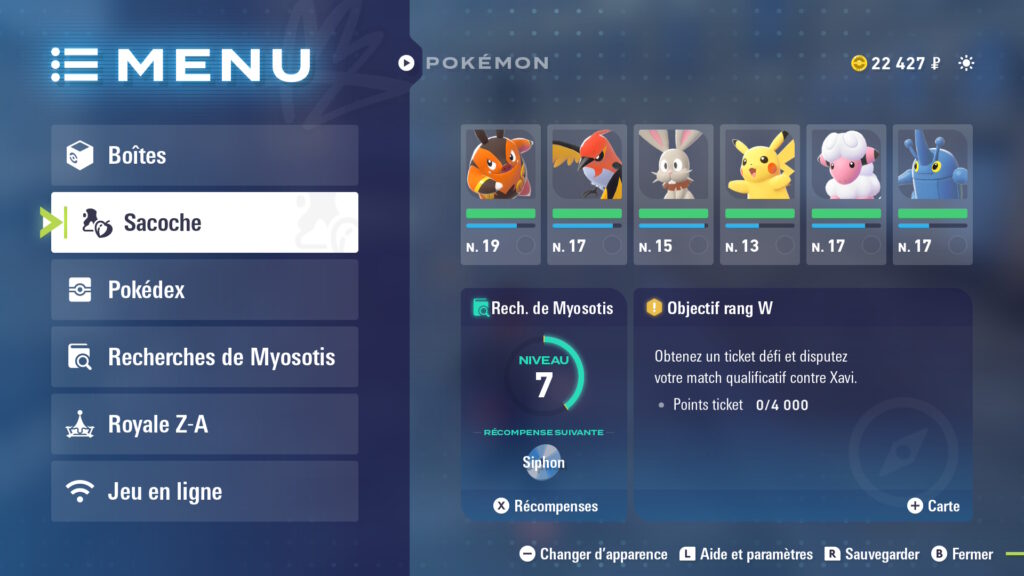 TEST Légendes Pokémon Z-A : menu principal