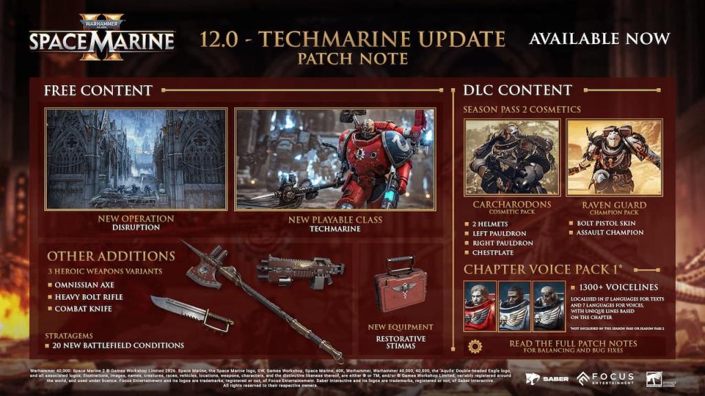 Space Marine 2 patch 12 classe Techmarine patch note
